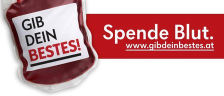 Plakat für Blutspendeaktion an der Volksschule Aula Grödig am 1. April. Das Plakat zeigt eine Blutbeutel mit dem Text Gib Dein Bestes! und einer Website-URL.