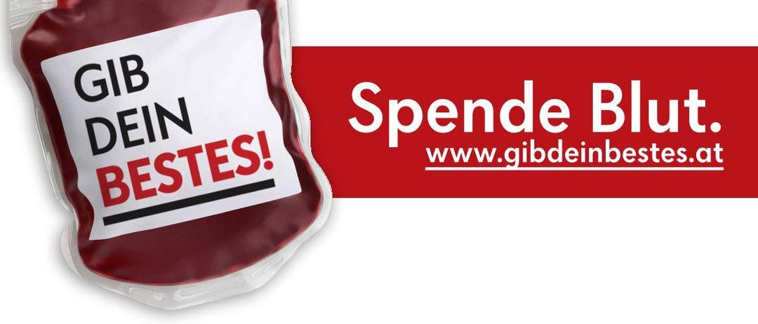 Plakat für Blutspendeaktion an der Volksschule Aula Grödig am 1. April. Das Plakat zeigt eine Blutbeutel mit dem Text Gib Dein Bestes! und einer Website-URL.