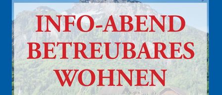 Poster for an info evening about managed housing. Date: June 30, time: 6:30 PM. Location: Neue Heimat. Scenic background.