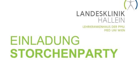 Ein weißer Plakat mit grünem Text zeigt 'LANDESKLIN HALL' und 'LEHRKRANKENHAUS DER MED UNI'. Darunter stehen 'NLADUNG' und 'TORCHENPARTY' in großen grünen Buchstaben.