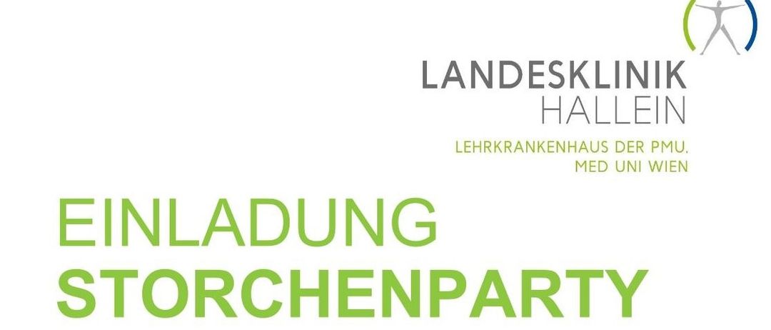 Ein weißer Plakat mit grünem Text oben 'LANDESKLIN HALL' und darunter 'LEHRKRANKENHAUS DER MED UNI'. Darunter steht in größerem grünem Text 'NLATUNG TORCHENPARTY'.
