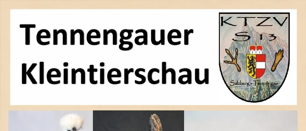 Plakat für eine Kleintierschau in Hallein, Österreich, mit einem weißen Huhn, einem braunen Kaninchen und einem Meerschweinchen. Veranstaltungsdetails umfassen Datum, Uhrzeit und Ort.