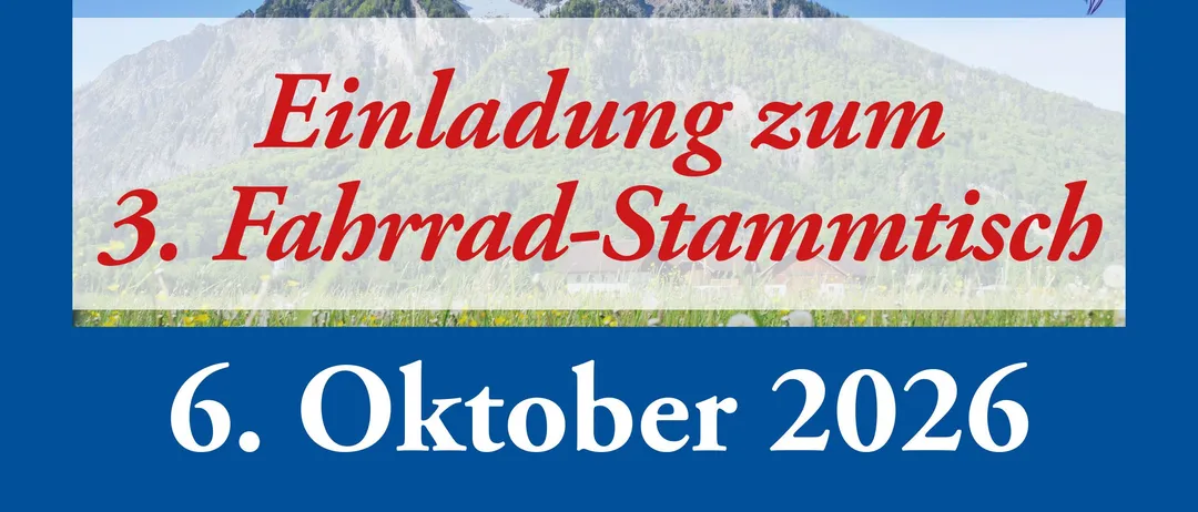 Plakat für den 3. Fahrrad Stammtisch am 6. Oktober 2026 um 18:30 Uhr im Sitzungssaal des Gemeindeamts Grödig mit Bergkulisse und Foto eines Mannes.