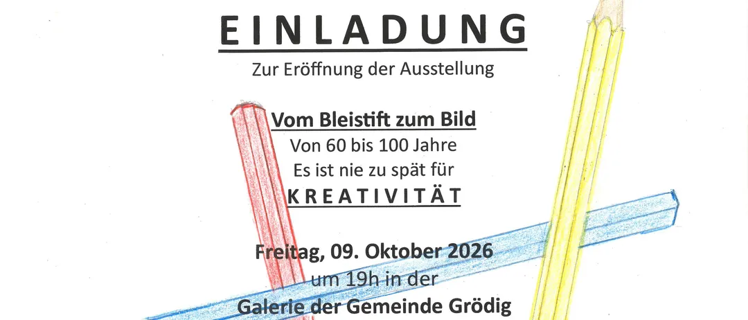 Ein Einladungsposter für die Eröffnung einer Kunstausstellung am 9. Oktober 2026, mit bunten Bleistiften und dem Titel 'Einladung'.