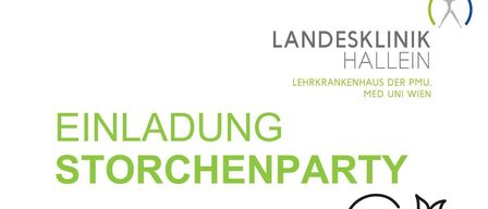 Ein Einladungsposter für eine Storchenparty in der Landesklinik Hallein, das einen Storch zeigt, der ein Baby in einer Schlinge trägt. Das Poster enthält Daten, einen QR-Code und Informationen über die Veranstaltung.