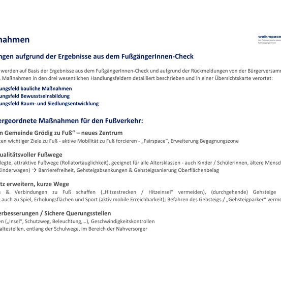 Maßnahmen aufgrund der Ergebnisse aus dem Fußgängerinnen-Check werden in drei wesentlichen Handlungsfeldern detailliert beschrieben und in einer Übersichtskarte zusammengefasst. Bauchfeld Maßnahmen umfassen Bewusstseinsbildung. Maßnahmen für Raum- und Siedlungsentwickung umfassen aktive Mobilitätsförderung, 'Fairspace', Erweiterung Begegnungszone