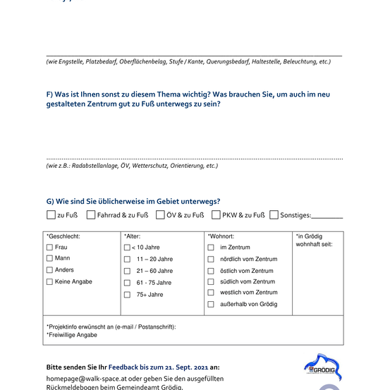 Der Fragebogen fragt nach Mobilitätsbedürfnissen, einschließlich Geschlecht, Alter und Wohnsituation. Er erkundigt sich nach Mobilitätshilfen und bittet um Kontaktdaten und freiwillige Aussagen. Einsendeschluss ist der 21. September 2021.