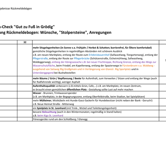 Das Bild zeigt eine Tabelle mit verschiedenen Vorschlägen zur Verbesserung von Fuß- und Radwegen in Grödig. Vorschläge umfassen die Schaffung von sanfteren Wegen, das Pflanzen von Bäumen, das Hinzufügen von Rastplätzen, die Verbesserung der Qualität öffentlicher Plätze, das Installieren von Wasserbrunnen und die Einrichtung von Beleuchtung.
