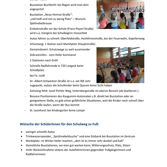 Das Bild zeigt ein Dokument mit Sicherheitsrichtlinien für den Schulweg von Kindern, das auf langsameren Verkehr, Schulüberwacher und sicherere Übergänge hinweist. Es enthält spezifische Straßennamen und Orte.