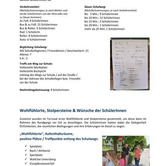 Das Dokument beschreibt die Dauer des Schulweges für Schüler, kategorisiert nach verschiedenen Transportmitteln. Es erwähnt auch Treffpunkte, positive Orte entlang des Weges und abendliche Beaufsichtigung. Die Schüler sollten diese Orte und Punkte im Versammlungssaal identifizieren.
