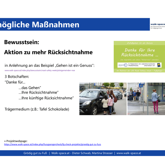 Kampagnenseite zur Verkehrssicherheitswoche. Drei gezeigte Botschaften: Danke für... Gehen, Ihre zukünftige Sicherheit, zukünftige Rücksichtnahme. Drei Bilder zeigen Fußgänger, Fahrer und eine Frau, die die Straße überquert.