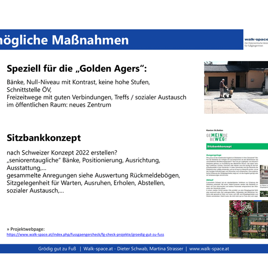 Eine Webseite zeigt zwei vorgeschlagene Lösungen für seniorenfreundliche Designs: 'Spezial für die 'Golden Agers'' und 'Sitzbankkonzept'. Die erste schlägt Banken mit null Stufen, kontrastierenden Oberflächen und sozialem Austausch im öffentlichen Raum vor. Die zweite schlägt schweizerisch inspirierte Sitzbänke für Warten, Entspannen, Ausruhen, Abstellen und sozialen Austausch vor.