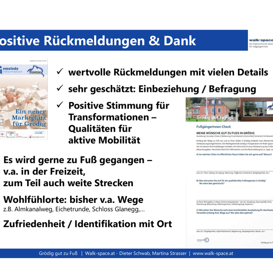 Das Bild zeigt ein Werbeflyer für walk-space.at. Es zeigt positives Feedback und Danksagungen, betont wertvolle Rückmeldungen mit vielen Details, sehr geschätzt: Einbeziehung/Befragung, positive Einstellung für Transformationen, Qualitäten für aktive Mobilität. Es erwähnt das Gehen zu Fußgängerzone, Zufriedenheit/Identifikation mit dem Ort und bisherige Wege wie Almkkanalweg, Eichentrunder, Schloss Glanegg. Der Flyer enthält einen Fußgänger-Check und einen Footer mit Website und Kontaktdaten.