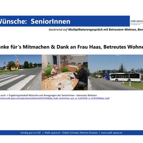 Eine Webseite zeigt eine Kopfzeile mit 'Seniorinnen', ein Bild von Menschen an einem Tisch und einen Fußbereich mit Links. Der Hauptinhalt enthält eine Dankesnachricht und einen Link zu einer PDF.