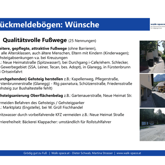 Das Bild zeigt Fuß- und Radwege in Österreich mit besonderem Augenmerk auf gut zugängliche Bereiche für alle Altersgruppen, einschließlich älterer Menschen und Kinder mit Kinderwagen. Es nennt spezifische Orte und vermeidet stark befahrene Bereiche.