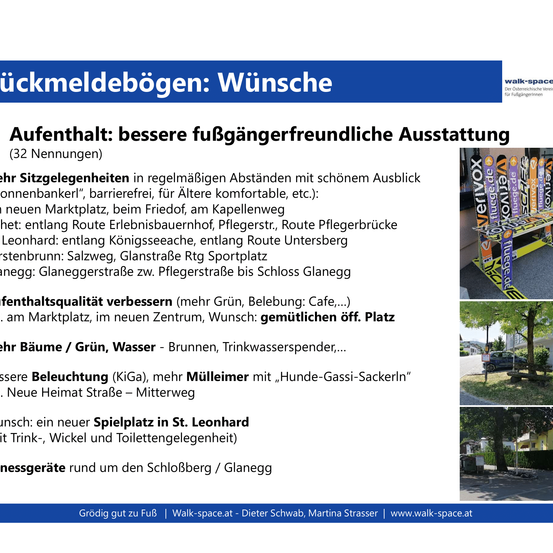 Ein Dokument mit den Überschriften 'Rückmeldebogen: Wünsche' und 'Aufenthalt: bessere fußgängerfreundliche Ausstattung' zeigt Wünsche für bessere Fußgängereinrichtungen, einschließlich Bänke, Grünflächen und Beleuchtung. Es erwähnt spezifische Orte wie in der Nähe eines Marktplatzes und entlang von Routen.