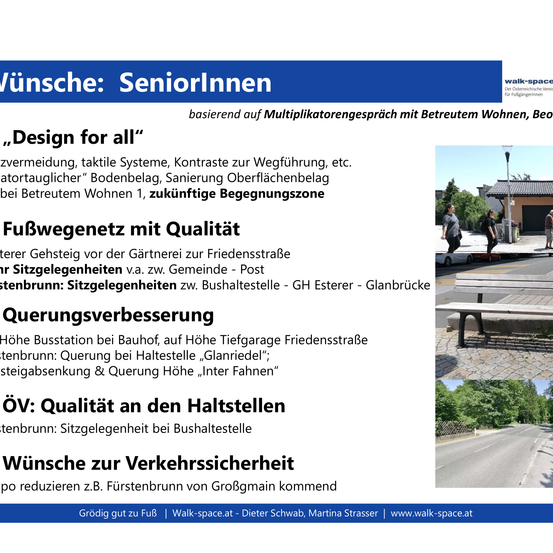 Das Bild zeigt ein Dokument, das sich mit seniorenfreundlichem Design befasst und Themen wie das Vermeiden von Stolperfallen, taktile Systeme und Kontrast zur Wegführung behandelt. Es erwähnt auch zukünftige Begegnungszonen in Seniorenwohnheimen und die Verbesserung von Fußgängerüberwegen. Das Dokument enthält ein Foto einer Straße mit einer Bank und Menschen, die gehen.