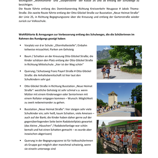 Das Bild zeigt eine Route mit einer breiten Straße und mehreren Sicherheitsmaßnahmen, um das Wohlbefinden von Kindern auf dem Weg zur Schule zu gewährleisten. Es gibt ausgewiesene Wartebereiche, schattierte Bereiche und eine Kreuzung in der Mitte der Straße.