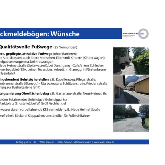 Das Bild zeigt ein Dokument, das sich mit Fußwegen befasst. Es betont die Bedeutung gut gepflegter, attraktiver Fußwege ohne Barrieren, die für alle Altersgruppen geeignet sind, einschließlich älterer Menschen und Kinder. Es wird auch auf die Notwendigkeit glatter Oberflächen und die Vermeidung von Schlaglöchern hingewiesen.