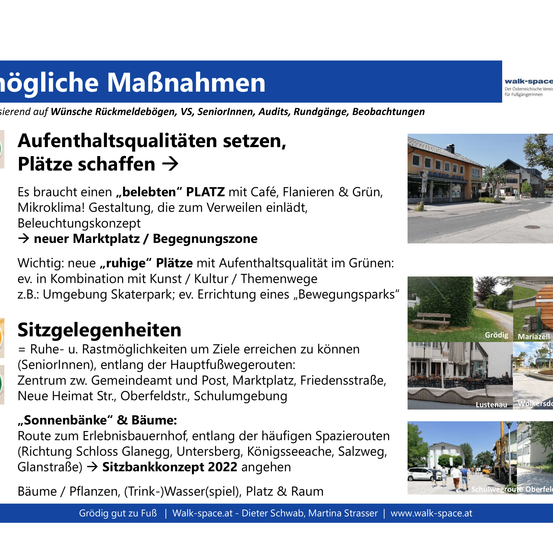 Ein blau-weißes Dokument bespricht Maßnahmen zur Verbesserung der Aufenthaltsqualität, zur Schaffung von Plätzen und zur Bereitstellung von Sitzgelegenheiten. Es betont die Schaffung belebter Plätze mit Cafés, Grünflächen und Mikroklima. Es schlägt neue Marktplätze, Ruhezonen und Orte für Aktivitäten vor.