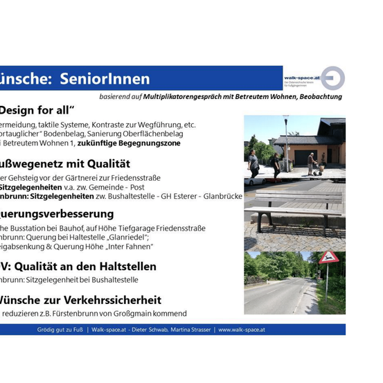 Ein Dokument über seniorenfreundliche Designmerkmale in der Stadtplanung, einschließlich taktiler Systeme, kontrastierenden Farben für Sichtbarkeit und sichereren Fußgängerübergängen. Es diskutiert die Bedeutung zugänglicher Bushaltestellen und Sitzbereiche und hebt die Notwendigkeit besserer Sitz- und Wartebereiche hervor. Das Dokument erwähnt auch den Wunsch nach verbesserter Verkehrssicherheit.