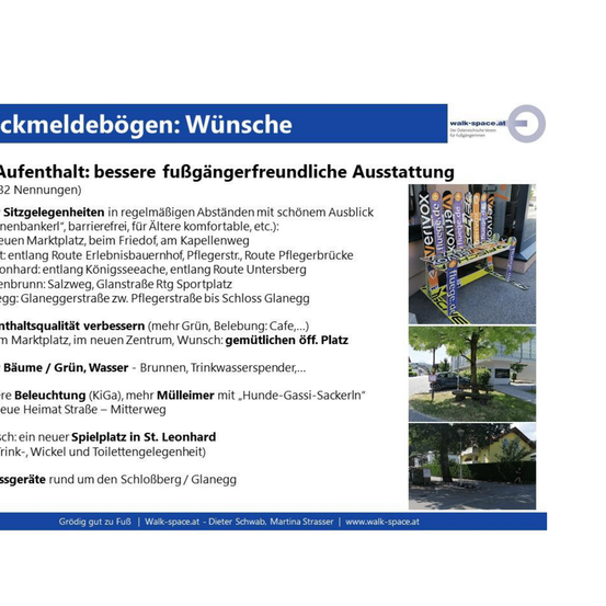 Das Bild zeigt ein Dokument mit verschiedenen Vorschlägen zur Verbesserung des Gebiets um Glanegg, einschließlich besserer fußgängerfreundlicher Einrichtungen, Sitzgelegenheiten, verbesserter Inhaltsqualität und mehr Grün- und Wasserflächen. Es erwähnt auch den Wunsch nach einem neuen Spielplatz in St. Leonhard.