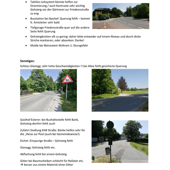 Bild zeigt eine Bushaltestelle mit einem Schild für fehlende Warteschlange, eine Straße mit einem Schild für Geschwindigkeitsbegrenzung und ein Schild für scharfe Kurve.