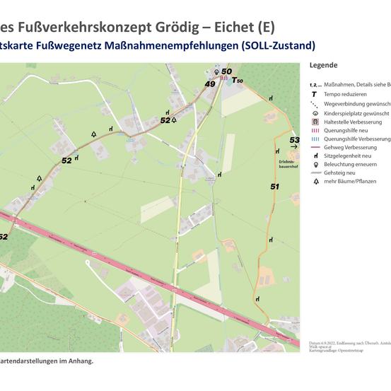 Die Karte zeigt ein Fuß- und Radverkehrskonzept für Grodig-Eichat (E). Es enthält Empfehlungen zur Verbesserung des bestehenden Zustands von Fuß- und Radwegen. Die Legende umfasst Symbole für Temporeduzierung, neue Fußgängerüberwege und mehr.