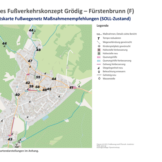 Eine Karte zeigt ein Fuß- und Radverkehrskonzept für Grödig mit Routen und Empfehlungen. Eine Legende rechts erklärt Symbole für verschiedene Merkmale.