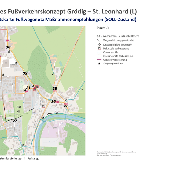 Die Karte zeigt das Fuß- und Radverkehrskonzept in Grödig - St. Leonhard, einschließlich des Fußwegnetzes, Empfehlungen (SOLL-Zustand) und einer Legende, die die Kartensymbole erklärt. Die Daten stammen vom 9. Juni 2022.