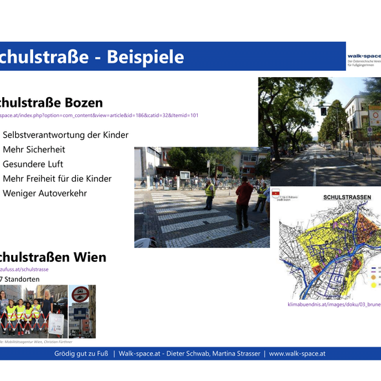 Eine Webseite über Schulstraßen in Bozen und Wien mit Beispielen, Vorteilen wie Kinderverantwortung, Sicherheit und weniger Autoverkehr. Sie zeigt Bilder von Straßen und Karten.