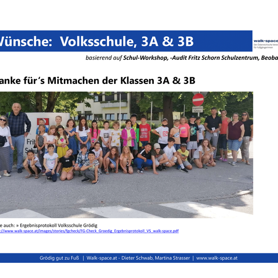Eine Gruppenaufnahme von Schülern, Eltern und Lehrern der Volksschule Grödig. Sie sind an einem sonnigen Tag draußen versammelt.