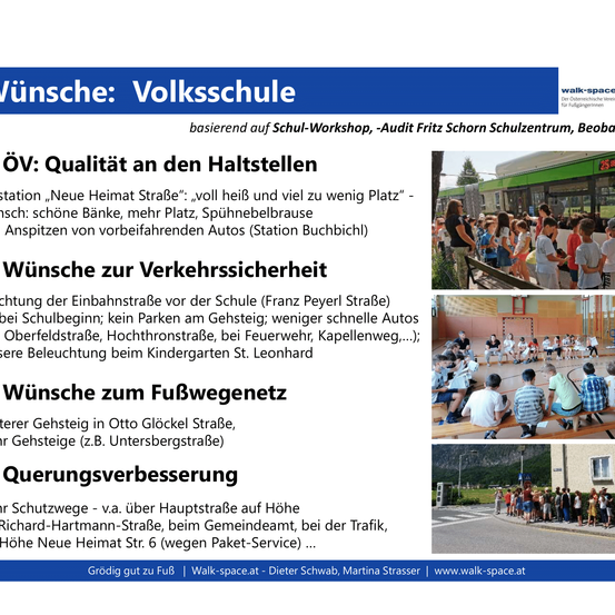 Dokument mit Überschriften auf Deutsch wie 'Wünsche: Volksschule' und 'ÖV: Qualität an den Haltestellen'. Es enthält ein Foto einer Straßenbahn, ein Foto von Kindern auf einem Spielplatz und ein Foto einer Straße mit Menschen. Der Text behandelt Wünsche zur Volksschule, Qualität an Bushaltestellen, Verkehrssicherheit, Fußgängernetz und Verkehrsberuhigungsmaßnahmen.