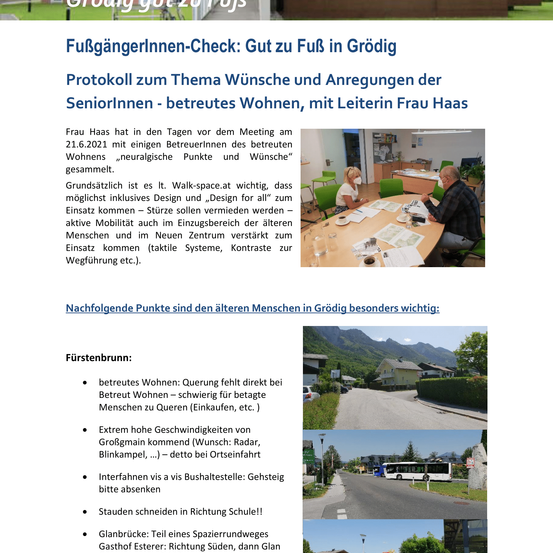 Ein Bild über ein Gehraum-Check-Meeting mit Frau Haas am 21.6.2021, das inklusives Design, aktive Mobilität und Fußgängersicherheit diskutiert. Es zeigt ein Foto einer laufenden Besprechung.