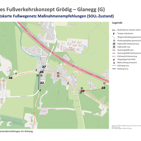 Eine Karte zeigt das Fuß- und Radwegenetz in Grodig-Glanegg. Sie enthält Maßnahmen zur Verkehrsberuhigung und Wegeübergänge, gekennzeichnet durch Symbole und Farben. Die Karte beinhaltet auch eine Legende zur Erklärung der Symbole und einen Datumsstempel.
