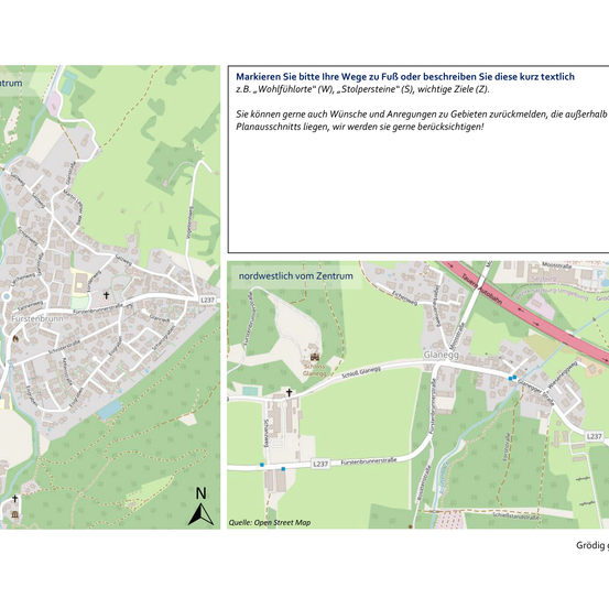 Eine Karte zeigt einen Ort mit einer Bezeichnung seiner nordwestlichen Position zum Zentrum. Es gibt einen Hinweis zum Markieren Ihrer Route oder zur kurzen Beschreibung.