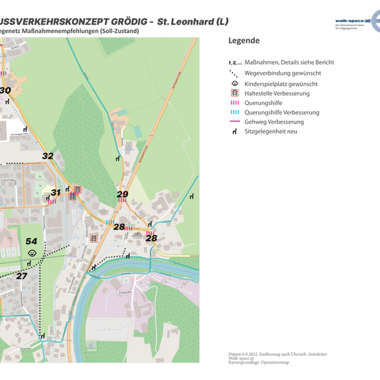 Eine Karte von Grödig - St. Leonhard (L) mit verschiedenen Symbolen und einer Legende. Die Karte zeigt Details zu Straßenverbesserungen, Radwegen und Fußengängen. Die Daten stammen vom 9. Juni 2022 und basieren auf OpenStreetMap.