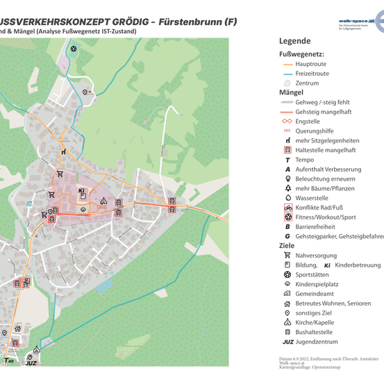 Karte des Fußverkehrskonzepts Groger, einschließlich Wanderwege und Mängel. Legendedetails Routen, Sehenswürdigkeiten und Mängel. Beinhaltet Routen, fehlende Elemente und Verbesserungen. Verschiedene Annehmlichkeiten und Einrichtungen sind markiert, zusammen mit ihrem Status.