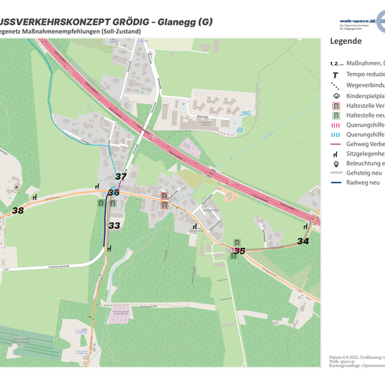 Die Karte zeigt das Verkehrskonzept für Grödig-Glanegg und enthält verschiedene Routen und Empfehlungen. Es gibt mehrere Maßnahmen und Vorschläge für Fußgänger- und Radwege. Das Datum der Karte ist der 9. Juni 2022.