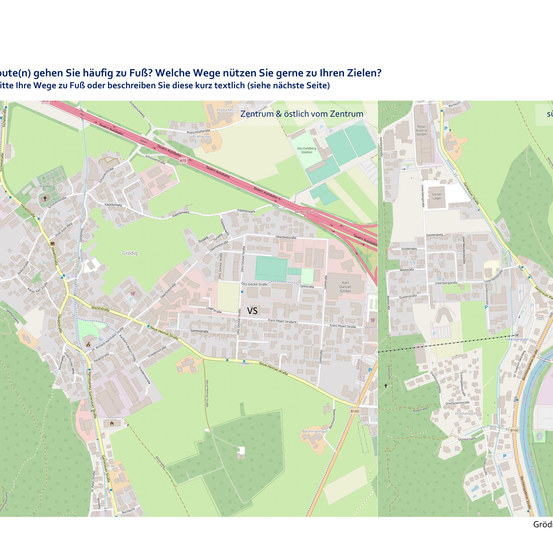 Karte der Routen in der Nähe des Stadtzentrums einer Stadt, aufgeteilt in zwei Bereiche. Die linke Seite zeigt das Stadtzentrum und die umliegenden Straßen, während die rechte Seite die Stadtaußenbereiche zeigt. Beschriftungen enthalten Straßennummern und Namen.