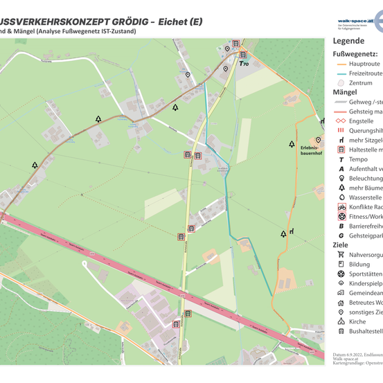 Eine Karte des Fuß- und Radwegenetzes von Grödig, die verschiedene Routen, Übergänge und Einrichtungen zeigt. Die Karte enthält eine Legende, die Symbole für Wege, Kreuzungsarten und Infrastruktur erklärt. Datum: 9. Juni 2022.