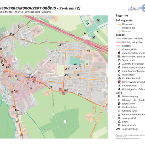 Eine Karte, die die Analyse des Fuß- und Fahrradnetzes in Grodig zeigt. Die Karte enthält verschiedenfarbige Linien, die verschiedene Bedingungen und Merkmale der Wege angeben. Eine Legende auf der rechten Seite erklärt die verwendeten Symbole. Die Karte ist vom 9. Juni 2022 und basiert auf OpenStreetMap-Daten.
