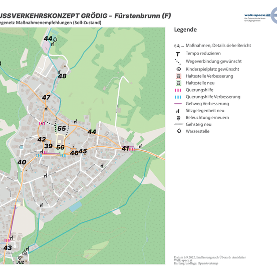 Die Karte zeigt ein Verkehrskonzept für Grödig-Fürstenbrunn mit verschiedenen Maßnahmen und Symbolen. Wichtige Symbole umfassen reduzierte Geschwindigkeit, neue Fahrradwege und neue Übergänge. Die Karte ist vom 9. Juni 2022 und verweist auf OpenStreetMap als Grundlage.