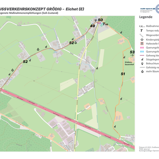 Die Karte des Gebiets Grödig zeigt verschiedene Verkehrsempfehlungen, darunter Bereiche mit reduzierter Geschwindigkeit, Fußengehwegen und andere Verkehrsmerkmale. Die Legende rechts erklärt die auf der Karte verwendeten Symbole. Datum 6.9.2022.