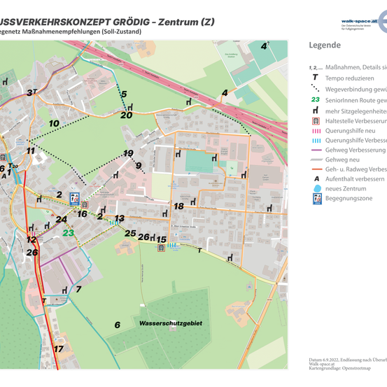 Die Karte zeigt das Konzept des öffentlichen Verkehrs in Grödig, mit Fokus auf den zentralen Bereich. Es umfasst Maßnahmen wie Temporeduzierung, Schaffung temporärer Fußgängerverbindungen und Verbesserung der Fußgängerrouten. Die Karte zeigt auch neue Übergänge, verbesserte Gehwege und neue Zentren. Die Karte wurde am 9. Juni 2022 aktualisiert.