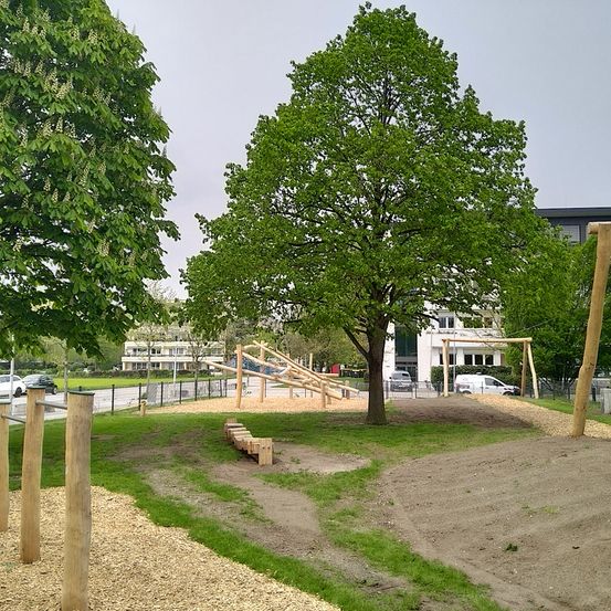Ein Freiluft-Spielplatz mit Holzkonstruktionen, einem großen Baum und einem Gebäude mit geparkten Autos im Hintergrund.