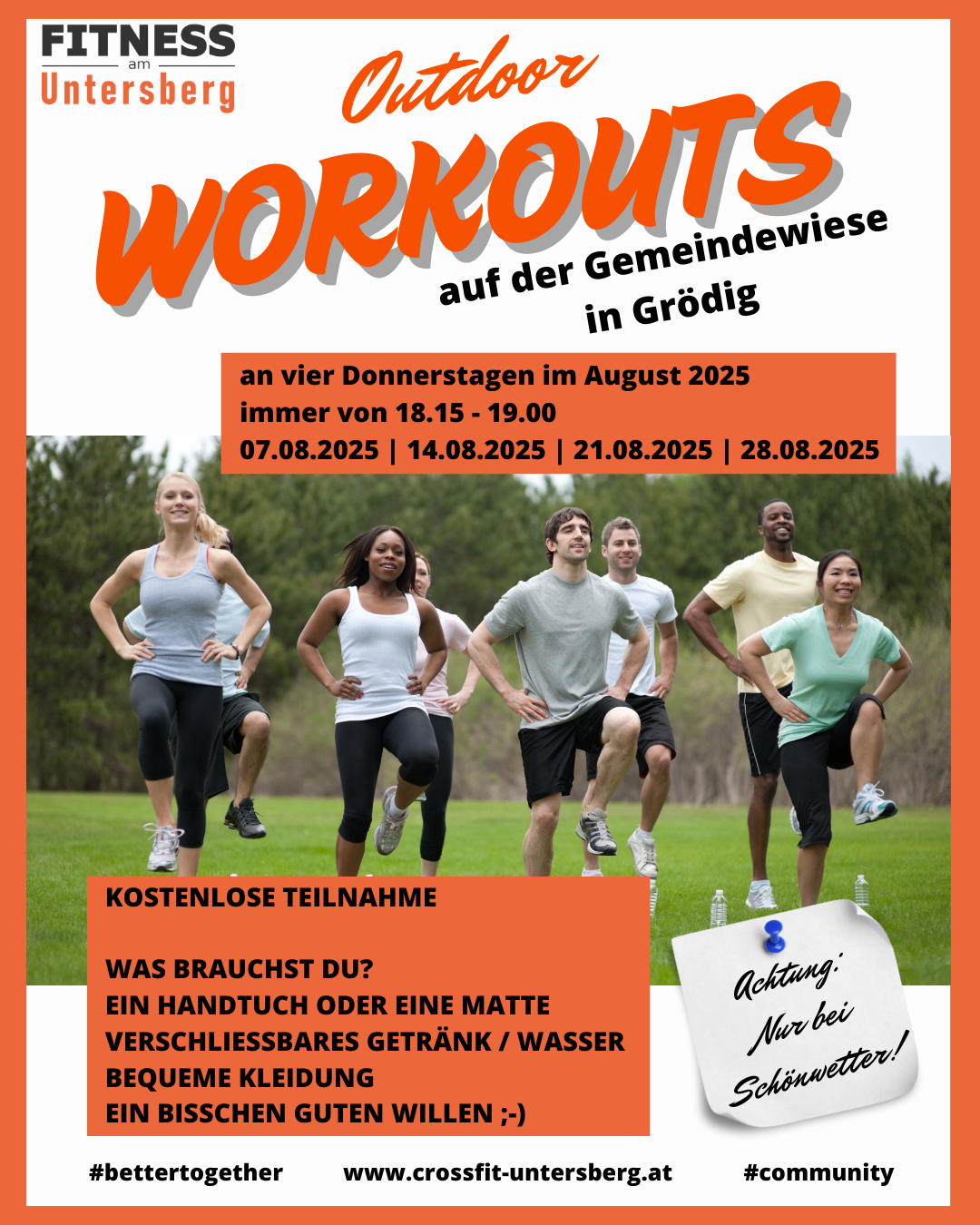 Plakat für kostenlose Workouts an Donnerstagen im August 2025, Beginn um 18:15 und Ende um 19:00. Termine sind der 7., 14., 21. und 28. August. Teilnehmer benötigen ein Handtuch, eine Matte, ein Getränk und bequeme Kleidung.