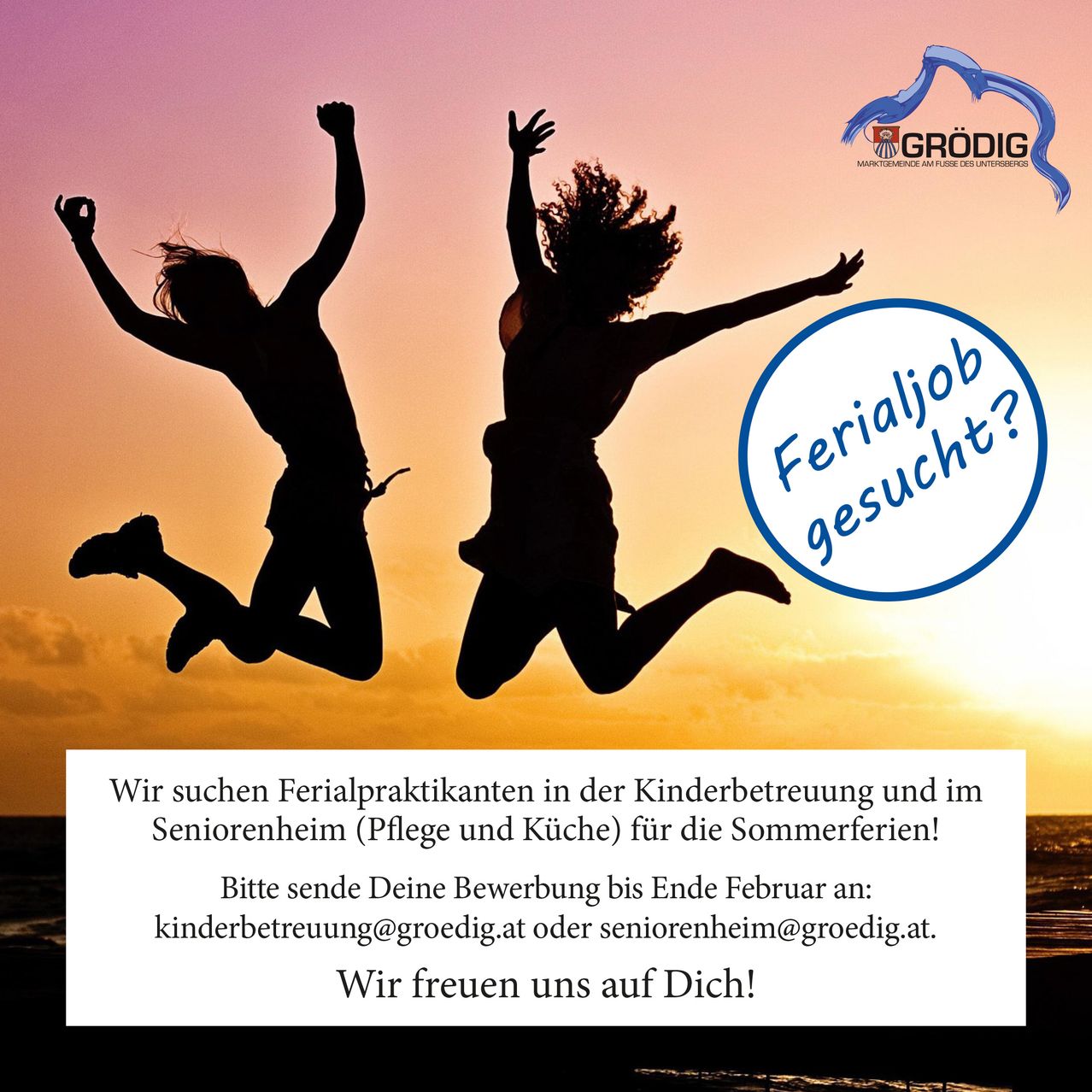 Zwei Frauen springen bei Sonnenuntergang mit dem Text 'Ferienjob gesucht?' und einer E-Mail-Adresse in die Luft.