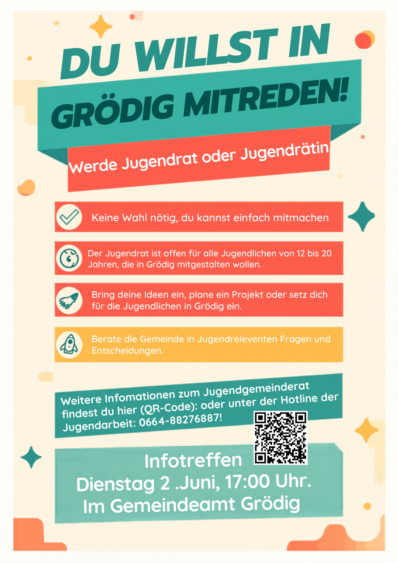 Grödig Mitreden! Become a youth councilor or youth representative. No choice needed, simply participate. The youth council is open to all young people aged 12 to 20 in Grödig. Share your ideas, plan a project, or get involved for the youth in Grödig. Consult the community in youth-relevant issues and decisions.