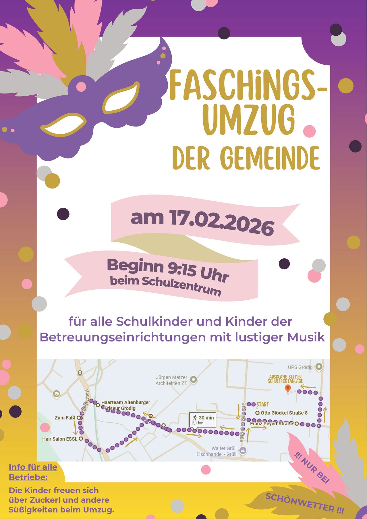 Plakat für Faschingsumzug der Gemeinde, Beginn um 9:15 Uhr beim Schulzentrum, für alle Schulkinder und Kinder der Bewegungseinrichtungen mit lustiger Musik.
